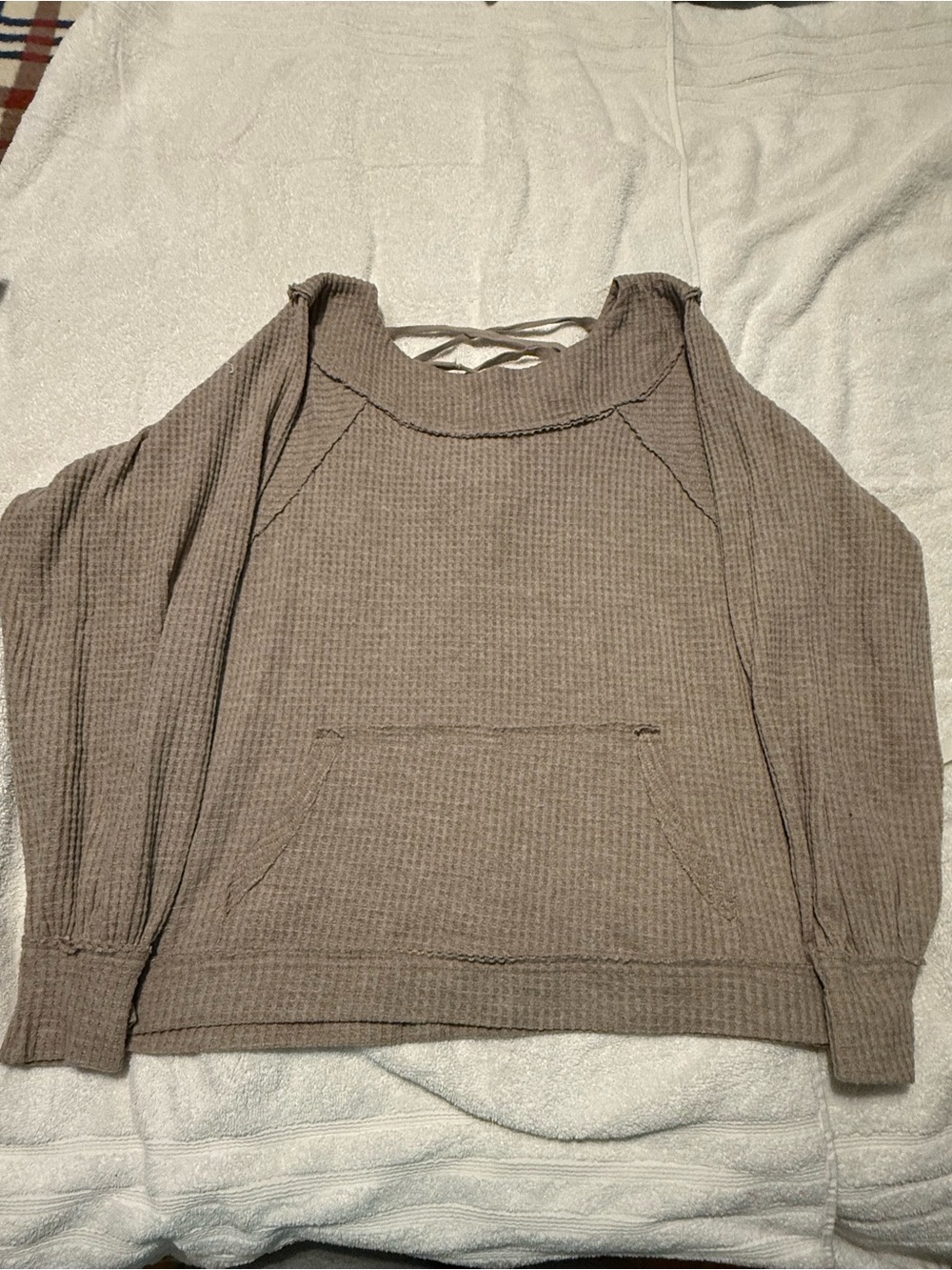BKE Taupe/Beige Off-Shoulder Waffle Knit Sweater